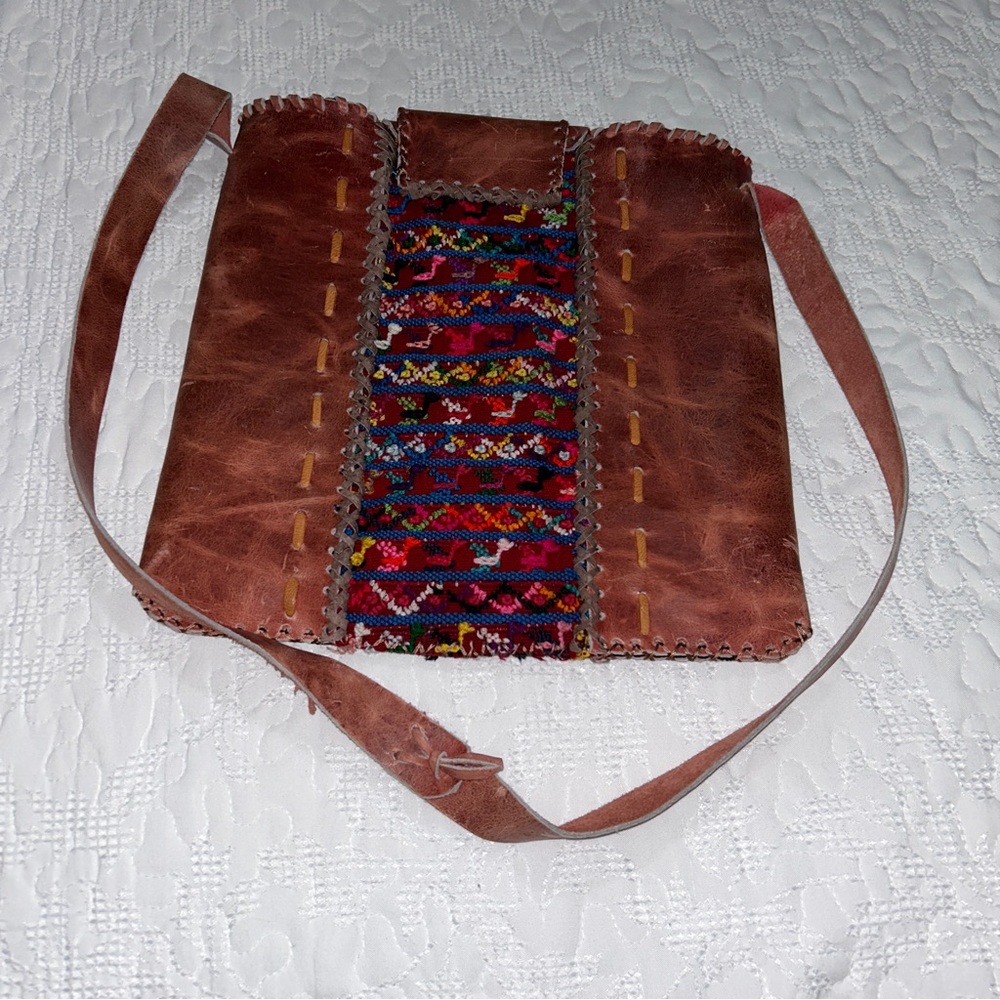 Beautiful Artisan Mayan Huipil Leather Crossbody - Picture 6 of 8